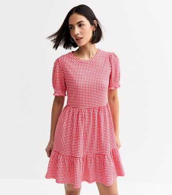 Red Gingham Check Jersey Mini Dress