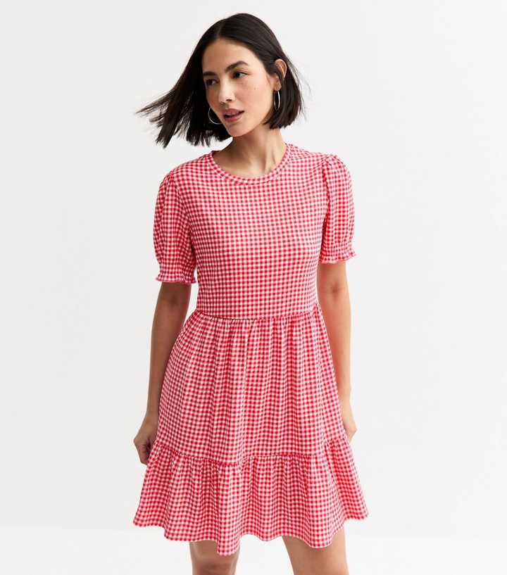 Red Gingham Check Jersey Mini Dress