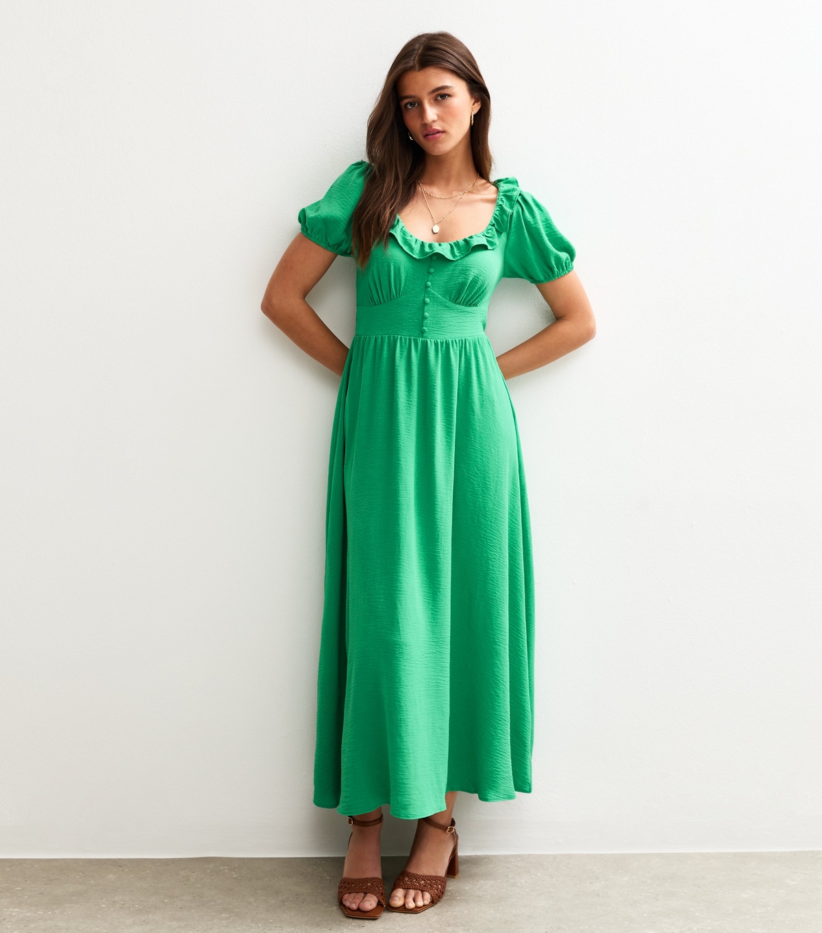 Women's Bright Green Ruffle Trim V-Neck Midi Dress New Look