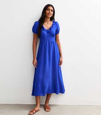Bright Blue Ruffle Trim V-Neck Midi Dress