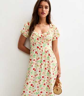 Cream Fruit Print Ruffle Trim Faux Button Tea Midi Dress