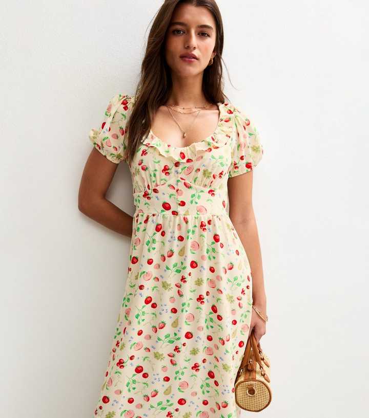 Cream Fruit Print Ruffle Trim Faux Button Tea Midi Dress