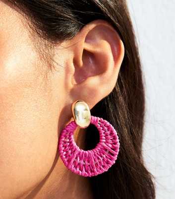Bright Pink Thread Wrap Doorknocker Earrings