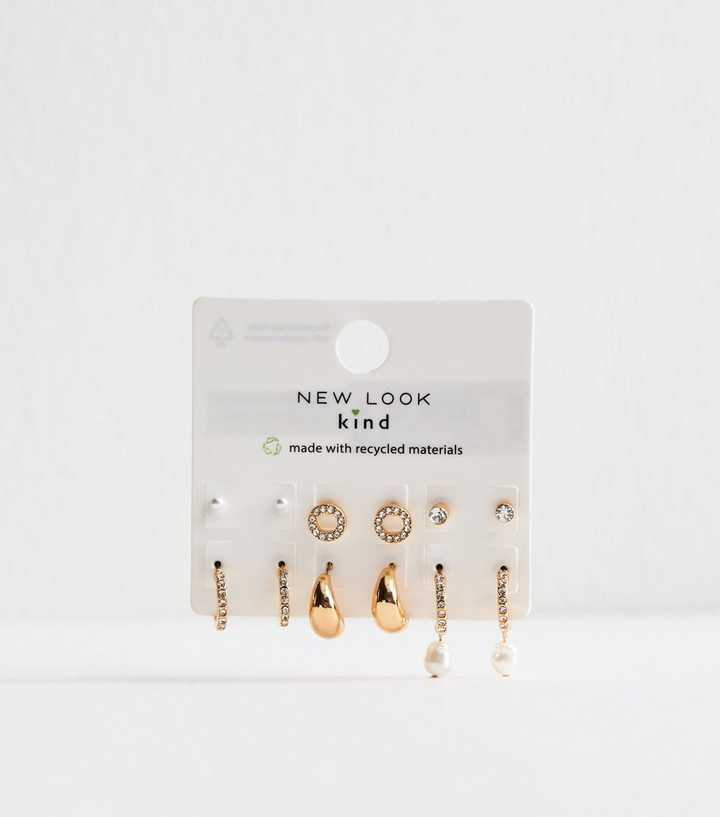 Gold Tone Pack of 6 Faux Pearl and Diamante Earrings