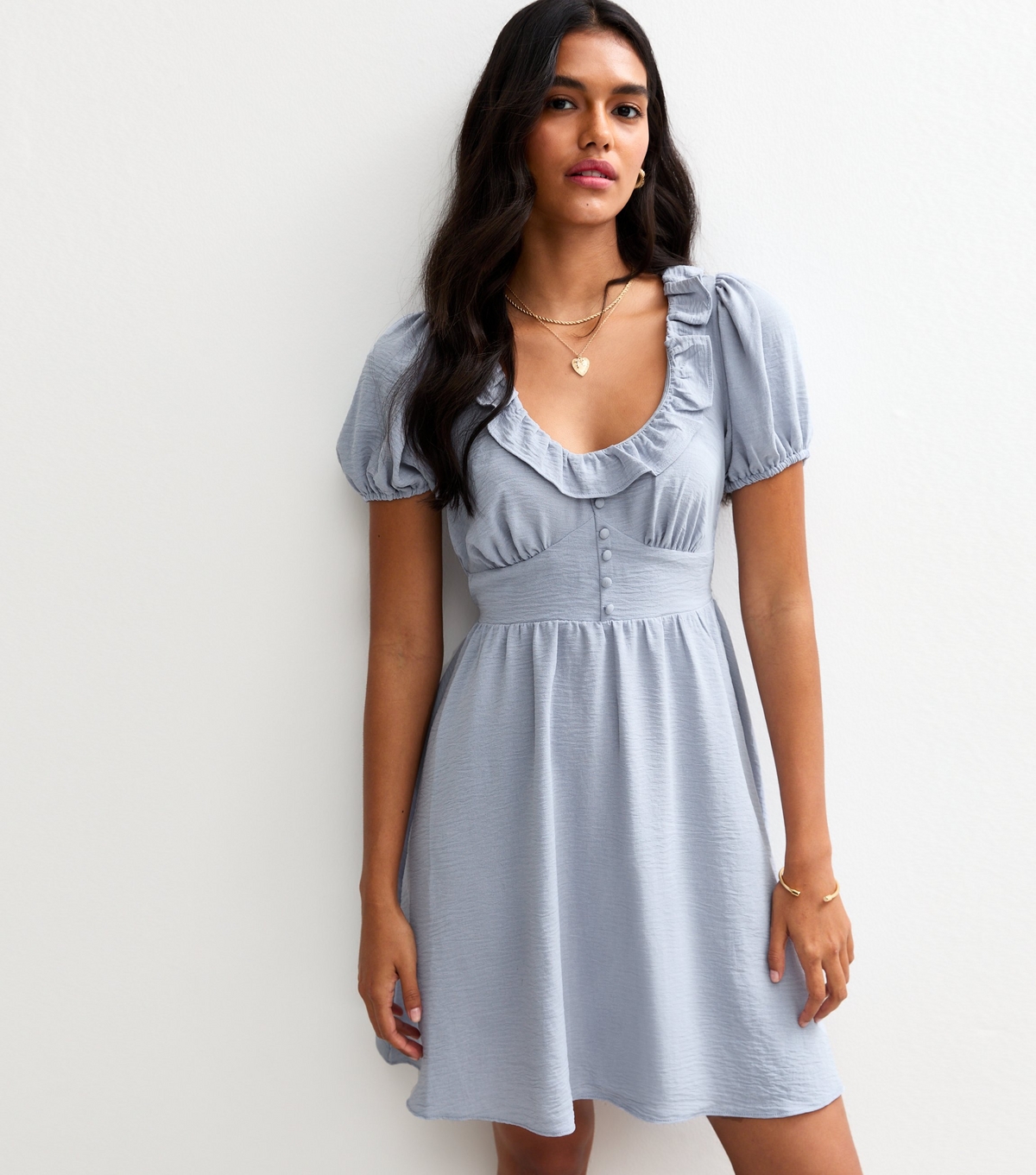 Women's Blue Ruffle Trim Puff Sleeve Mini Dress New Look