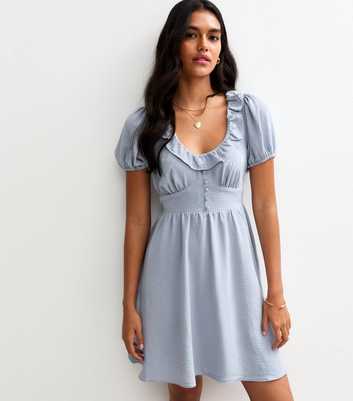 Blue Ruffle Trim Puff Sleeve Mini Dress