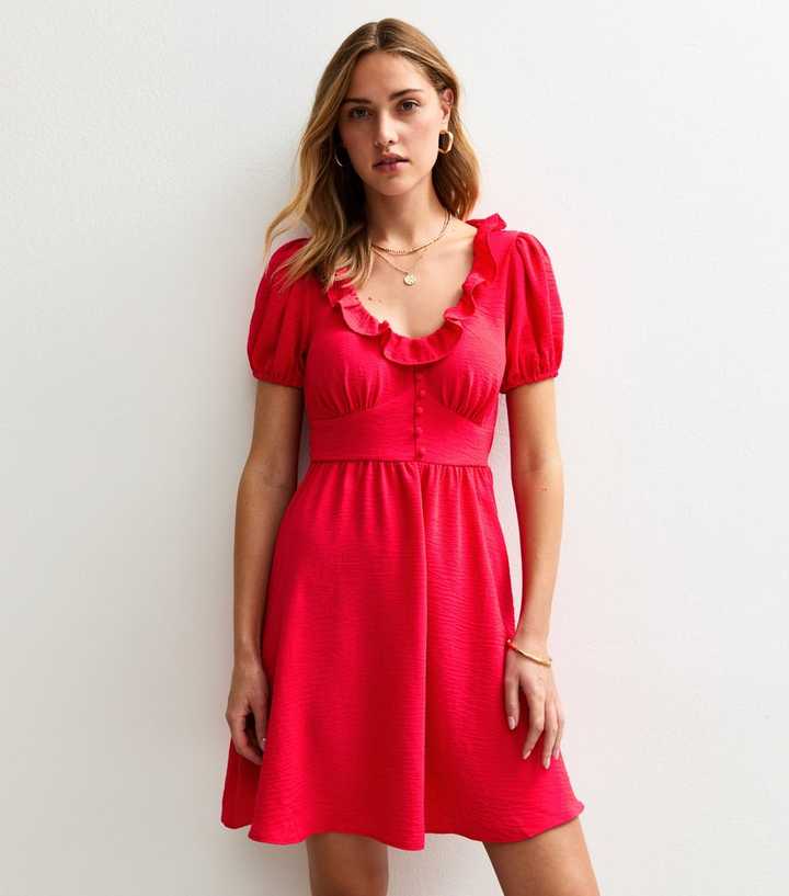 Red Ruffle Trim Puff Sleeve Mini Dress
