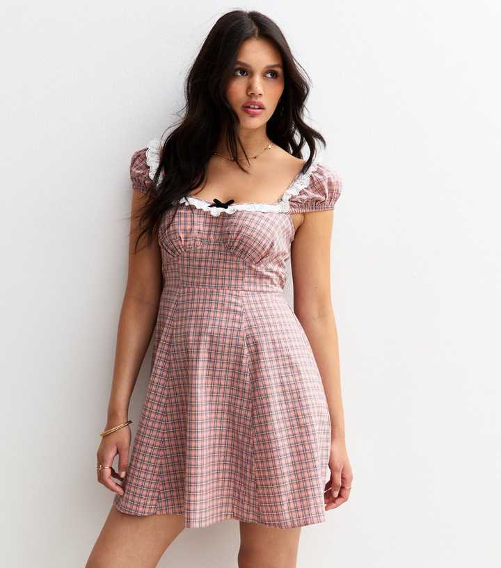 Pink Checked Broderie Anglaise Mini Dress