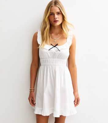 White Ruffle Bow Front Micro Mini Dress