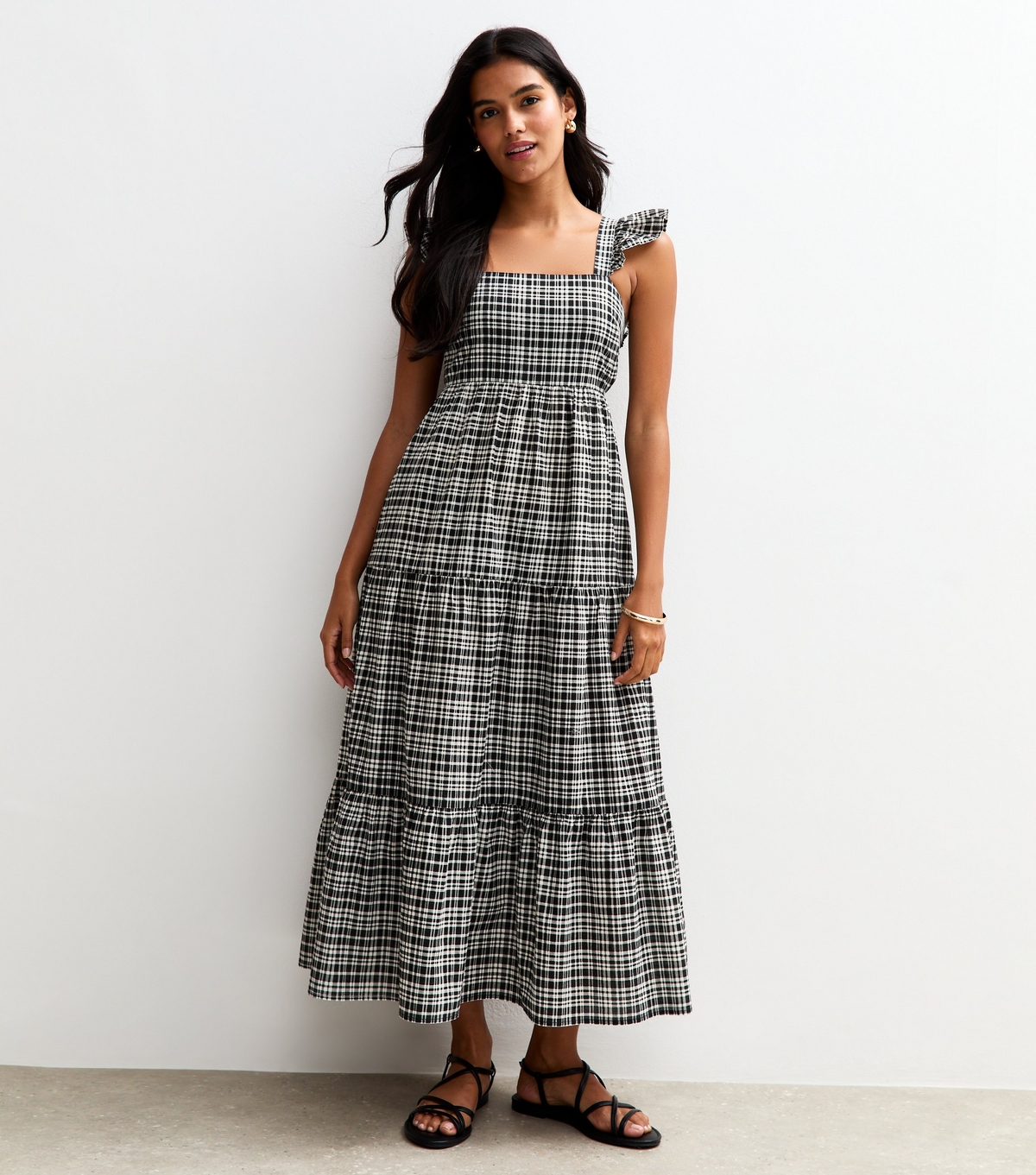 Women's Black Check Pattern Tie Back Ruffle Midi Dress New Look