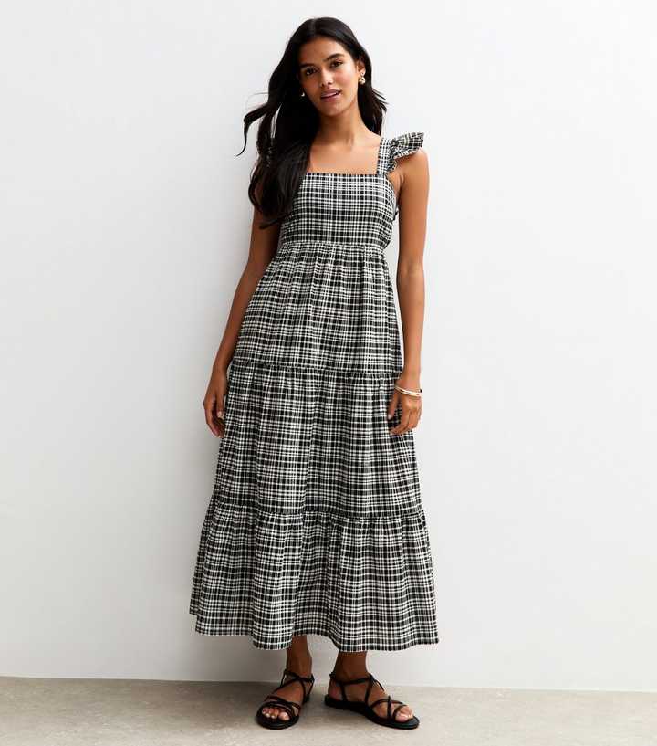 Black Check Pattern Tie Back Ruffle Midi Dress