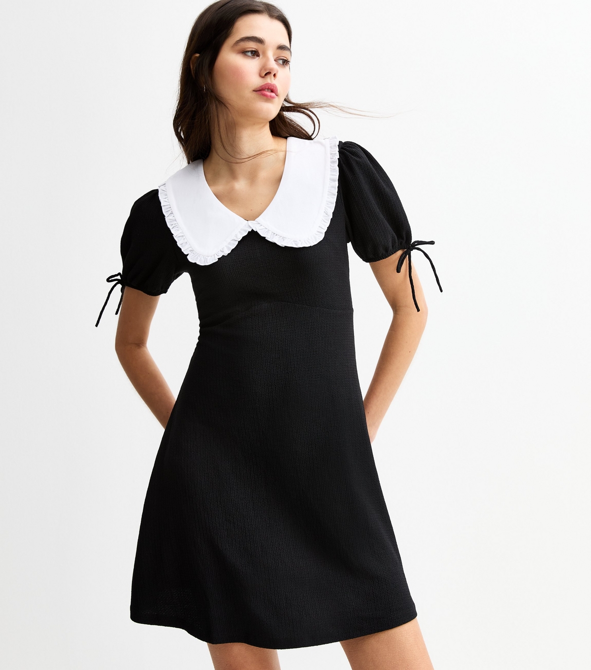 Women's Black Contrast Collar Tie Sleeve Mini Dress New Look