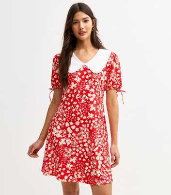 Red Crinkle Texture Floral Print Frill Collar Mini Dress