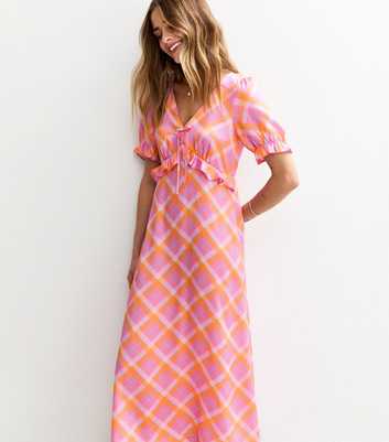 Pink Check Print Ruffle Front Satin Midi Dress