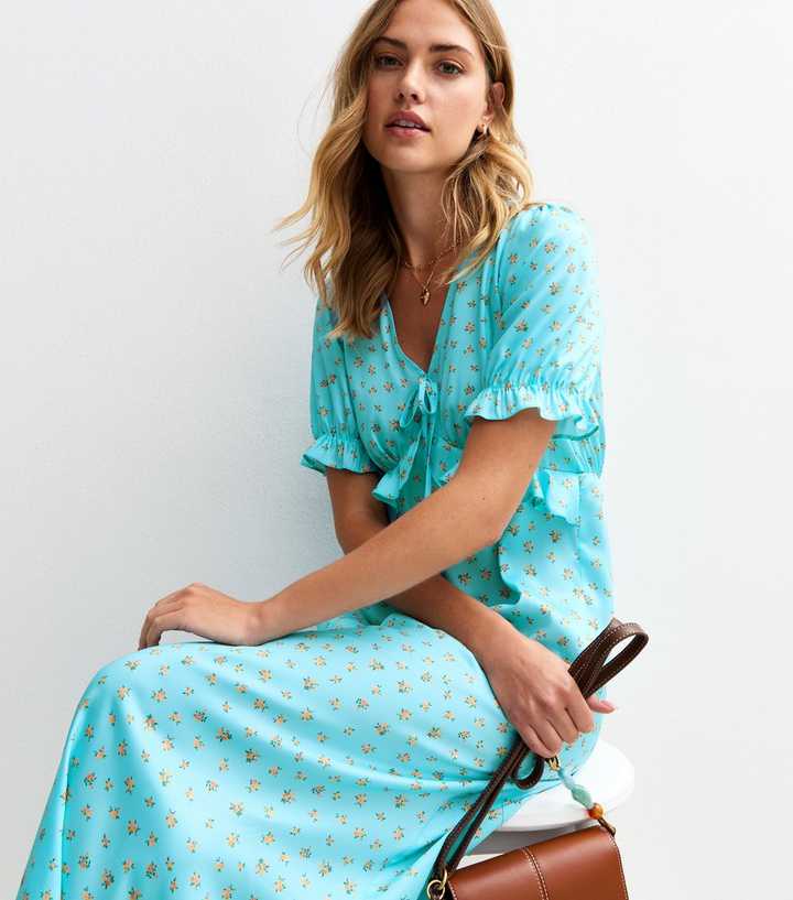 Blue Satin Floral Print Ruffle Trim Midi Dress