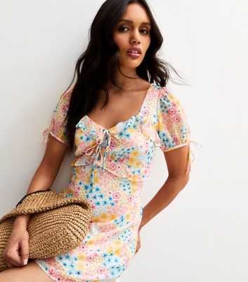 Pink Floral Print Tie Sleeve Bias Cut Chiffon Mini Dress