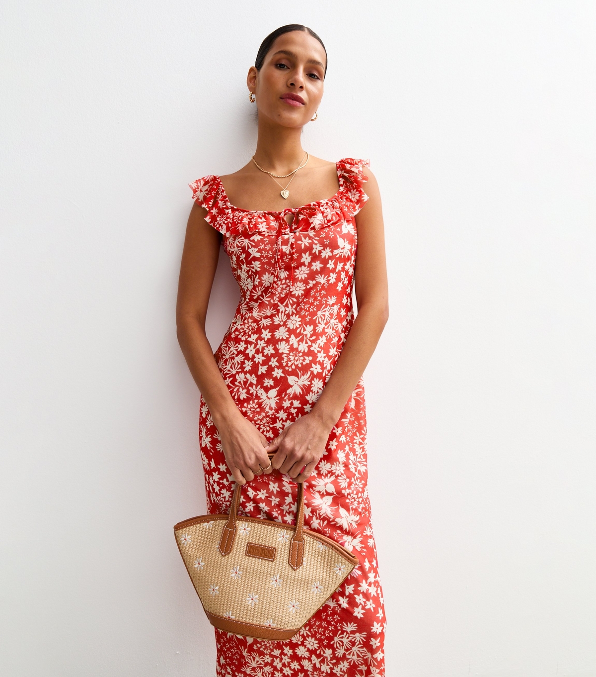New Look Red Floral Print Frilly Trimmed Midi Dress