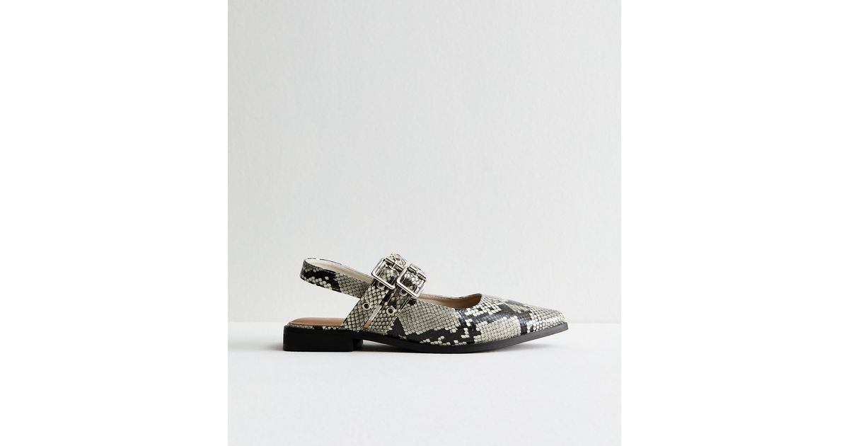 Snake Print Faux Leather Eyelet Strap Mary Jane Flats | New Look