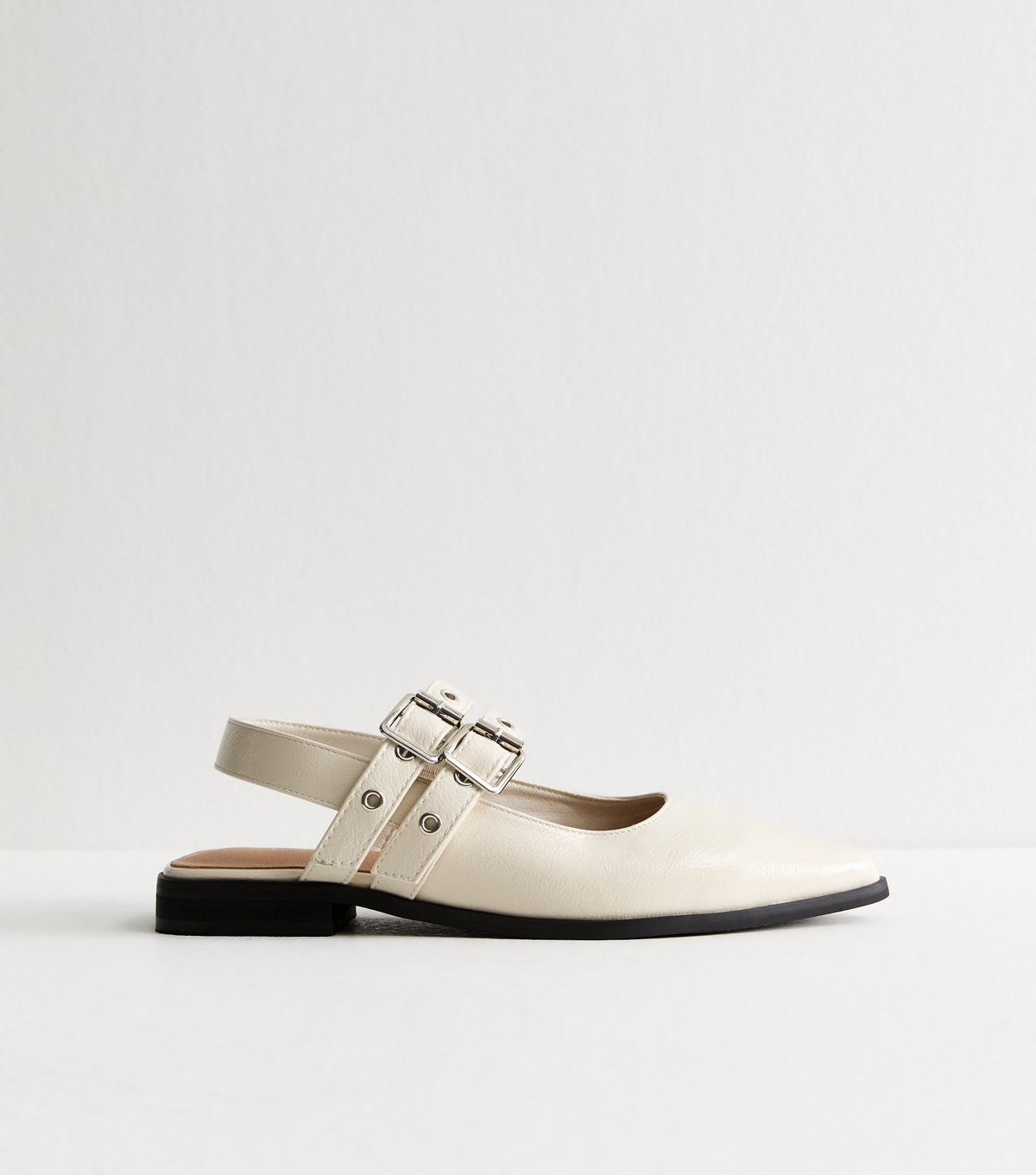 Women's Off White Faux Leather Eyelet Strap Mary Jane Flats Vegan New Look