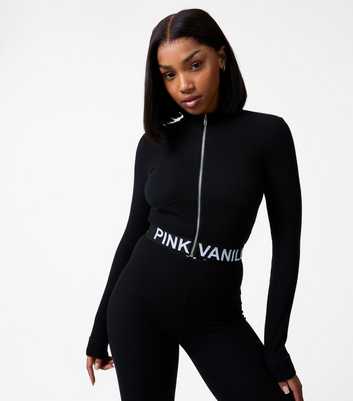 Pink Vanilla Black Ribbed Logo Hem Zip Up Top