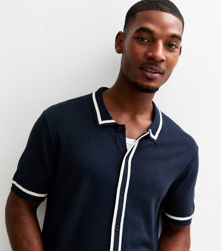 Dark Blue Regular Fit Contrast Trim Stripe Placket Shirt