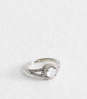 Silver Tone Cubic Zirconia Round Engagement Ring
