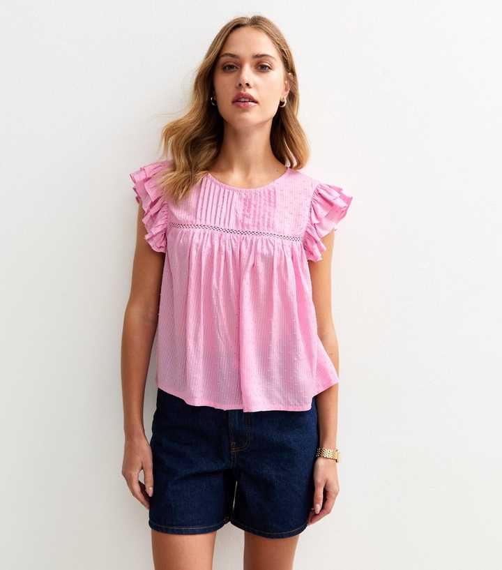 Pink Lace Insert Ruffle Trim Sleeveless Top