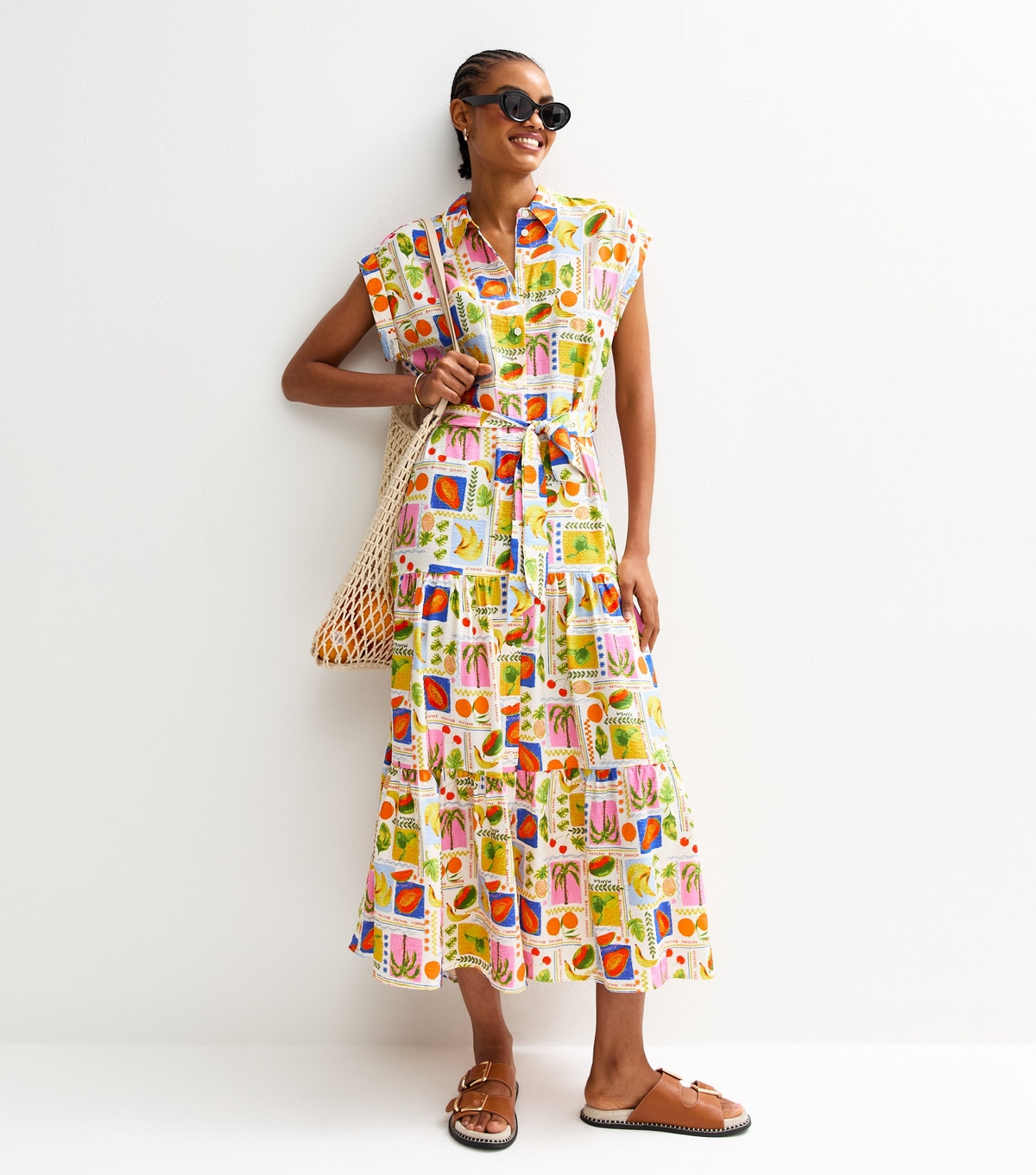 Women's Tall Cream Tropical Fruit Print Midi Shirt Dress New Look