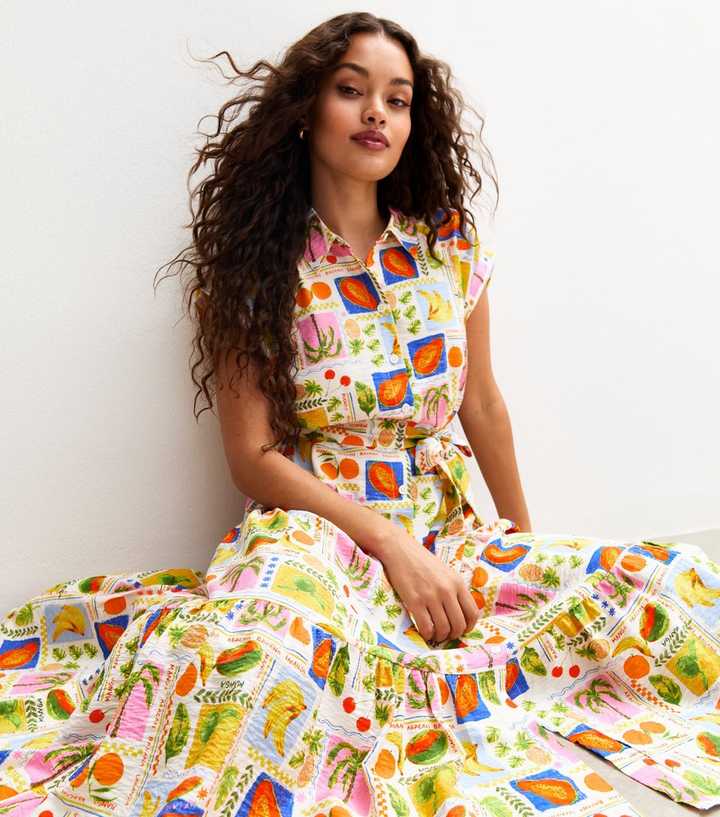 Petite CreamTropical Fruit Print Midi Shirt Dress