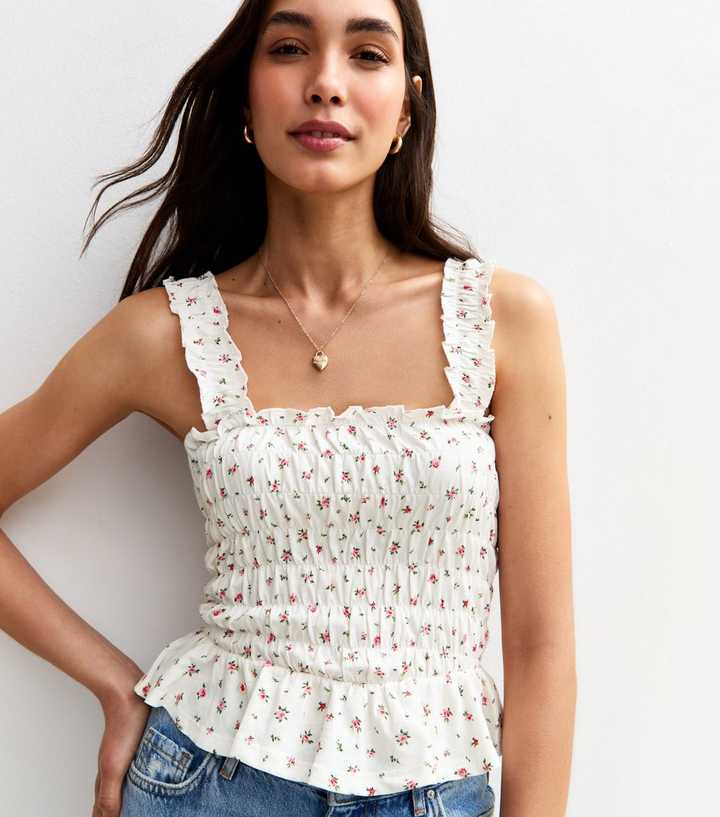 White Floral Print Shirred Peplum Hem Top