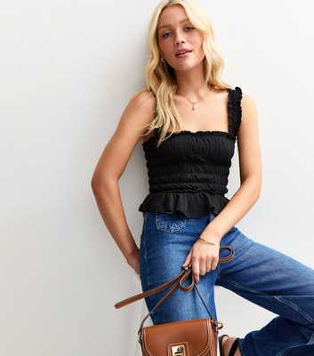 Black Floral Print Shirred Cami Top