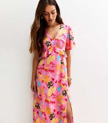 Petite Pink Fruit Print Ruffle Trim Midi Dress