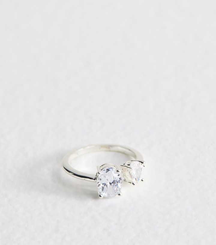 Silver Tone Cubic Zirconia Double Charm Ring