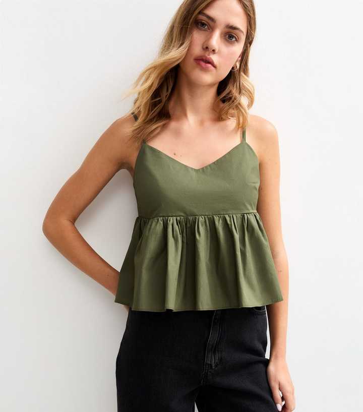 Green Strappy Peplum Hem Cami Top