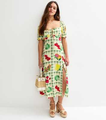 Petite White Fruit Print Slit Hem Midi Dress