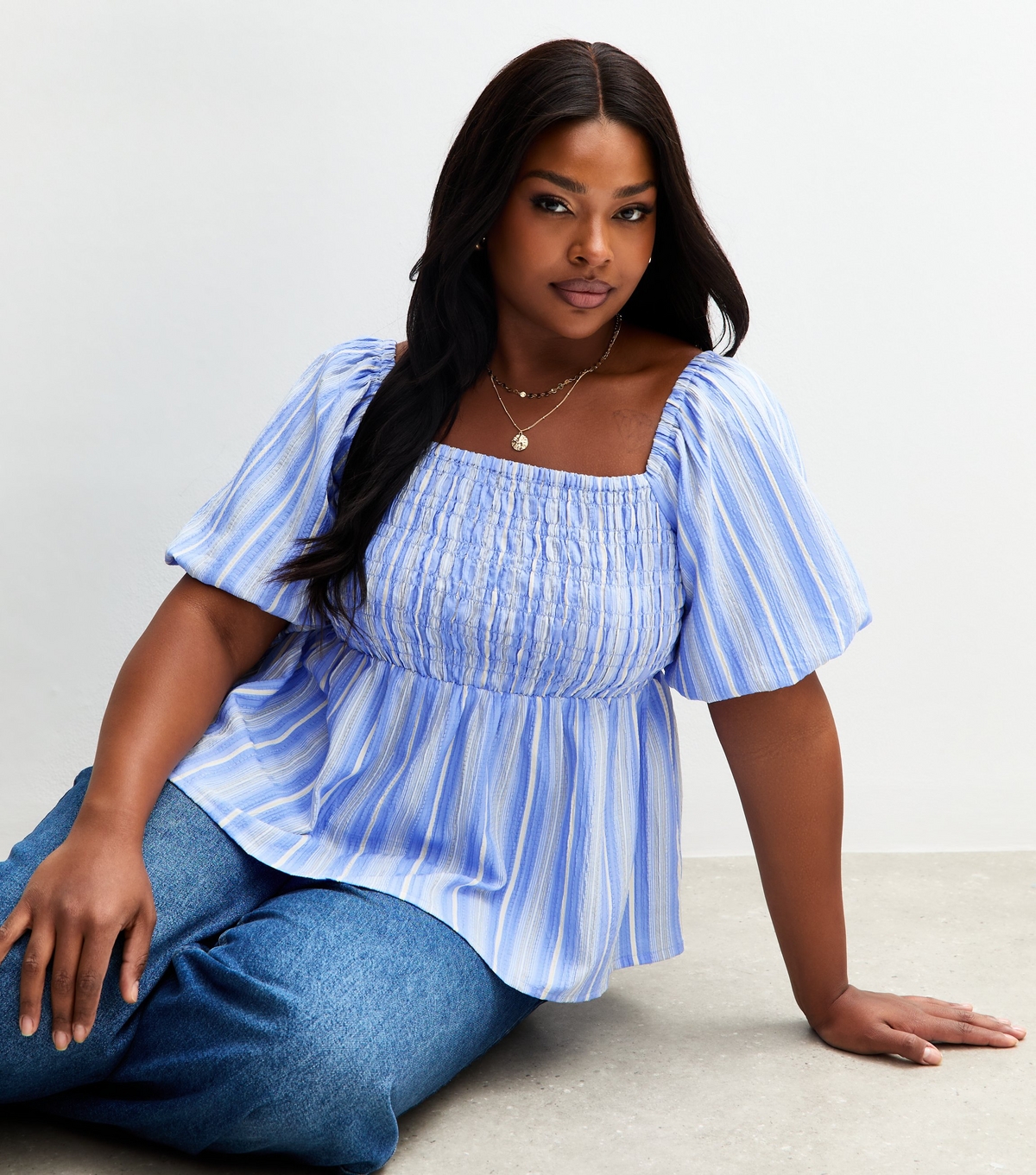 Women's Plus Size Light Blue Striped Square Neck Top Curves New Look