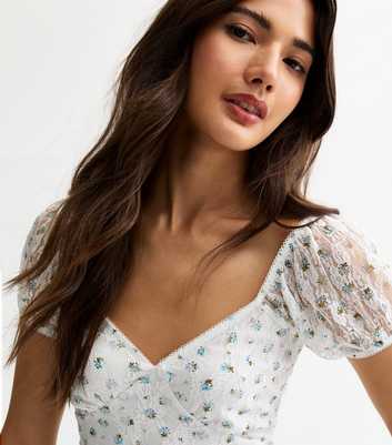 White Floral Print Lace V-Neck Top