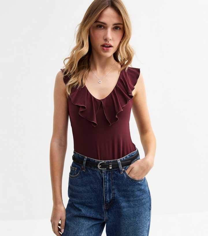 Burgundy Frill Trim Jersey Thong Bodysuit