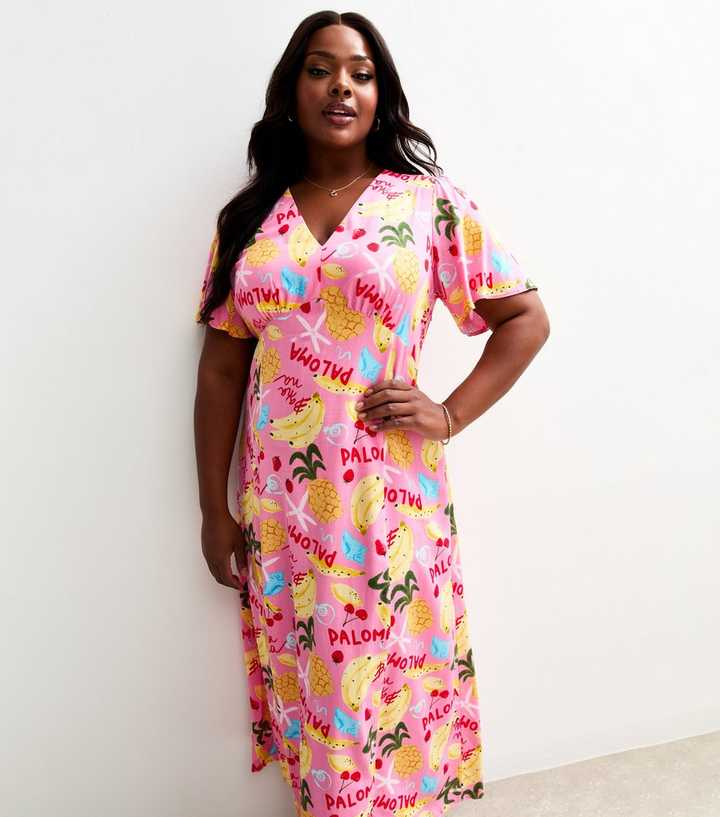 Curves Pink Tropical Print Short Sleeve Midi Tea Dress