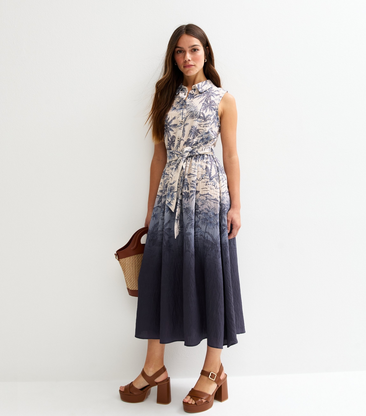 Women's Petite Blue Palm Tree Print Ombre Midi Shirt Dress New Look