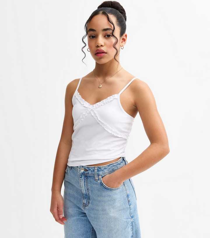 Girls White Ruffle Trim Cami Top | New Look