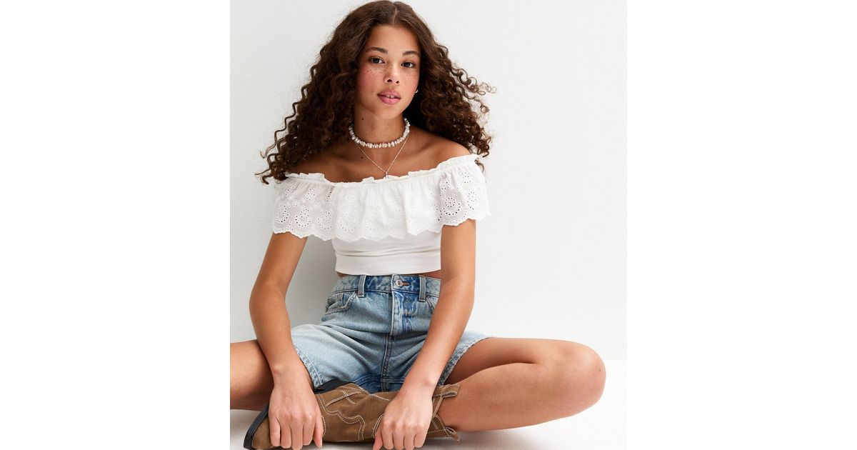 Girls White Broderie Anglaise Off Shoulder Top New Look