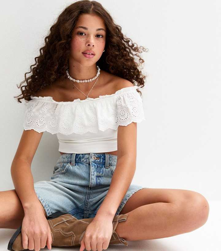 Girls White Broderie Anglaise Off Shoulder Top