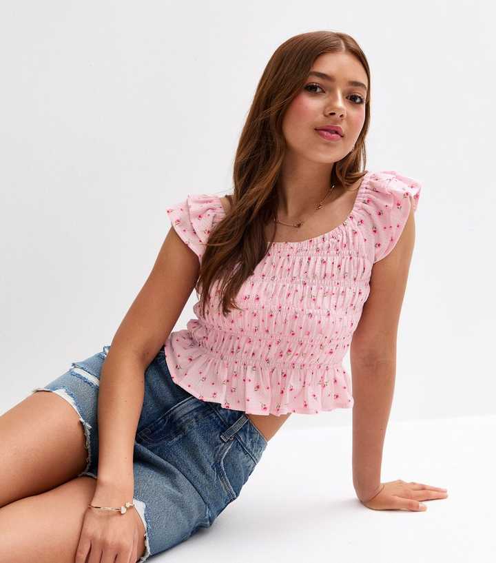 Girls Floral Print Shirred Front Frill Sleeve Top