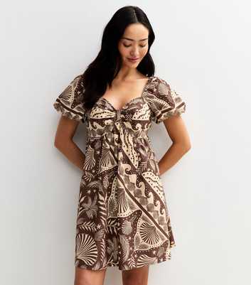 Brown Shell Print Puff Sleeve Mini Dress