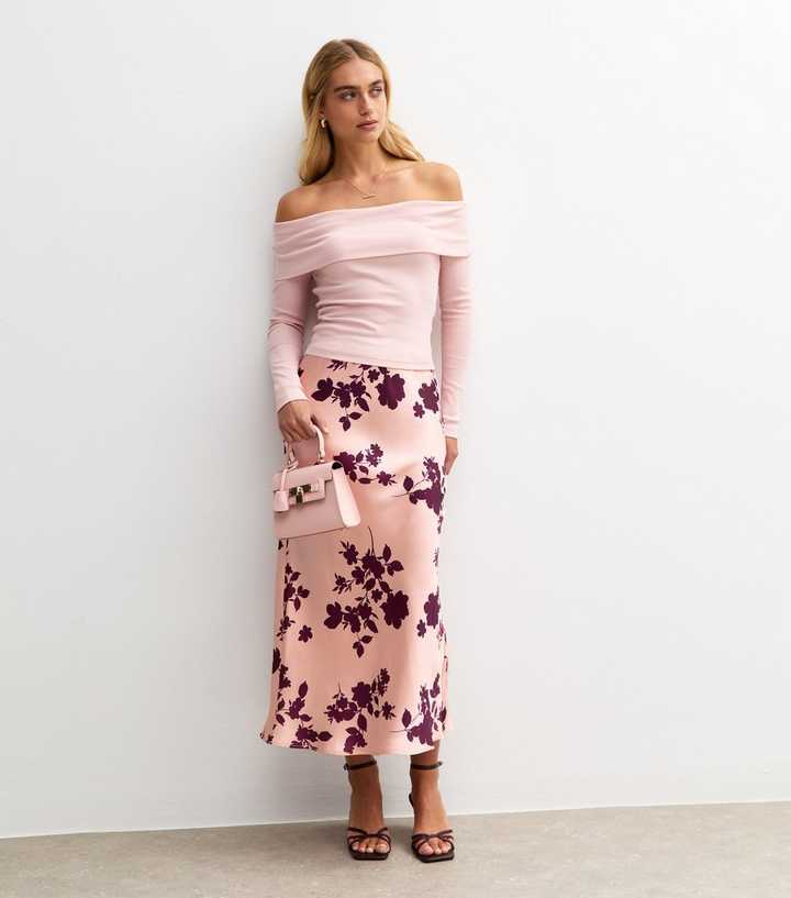 Pink Floral Print Satin Midi Skirt New Look