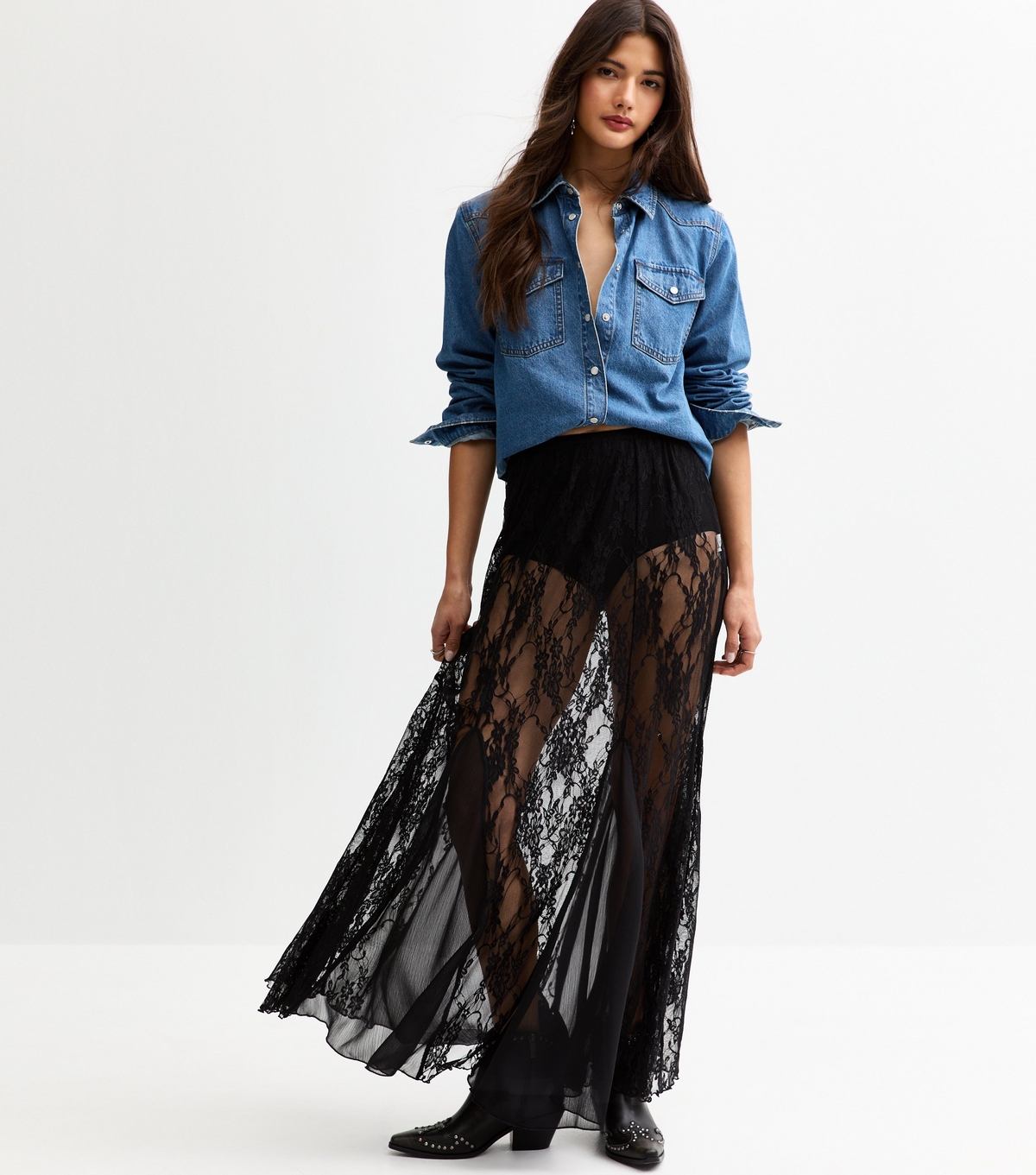 Women's Black Lace Godet Sheer Midi Skirt New Look