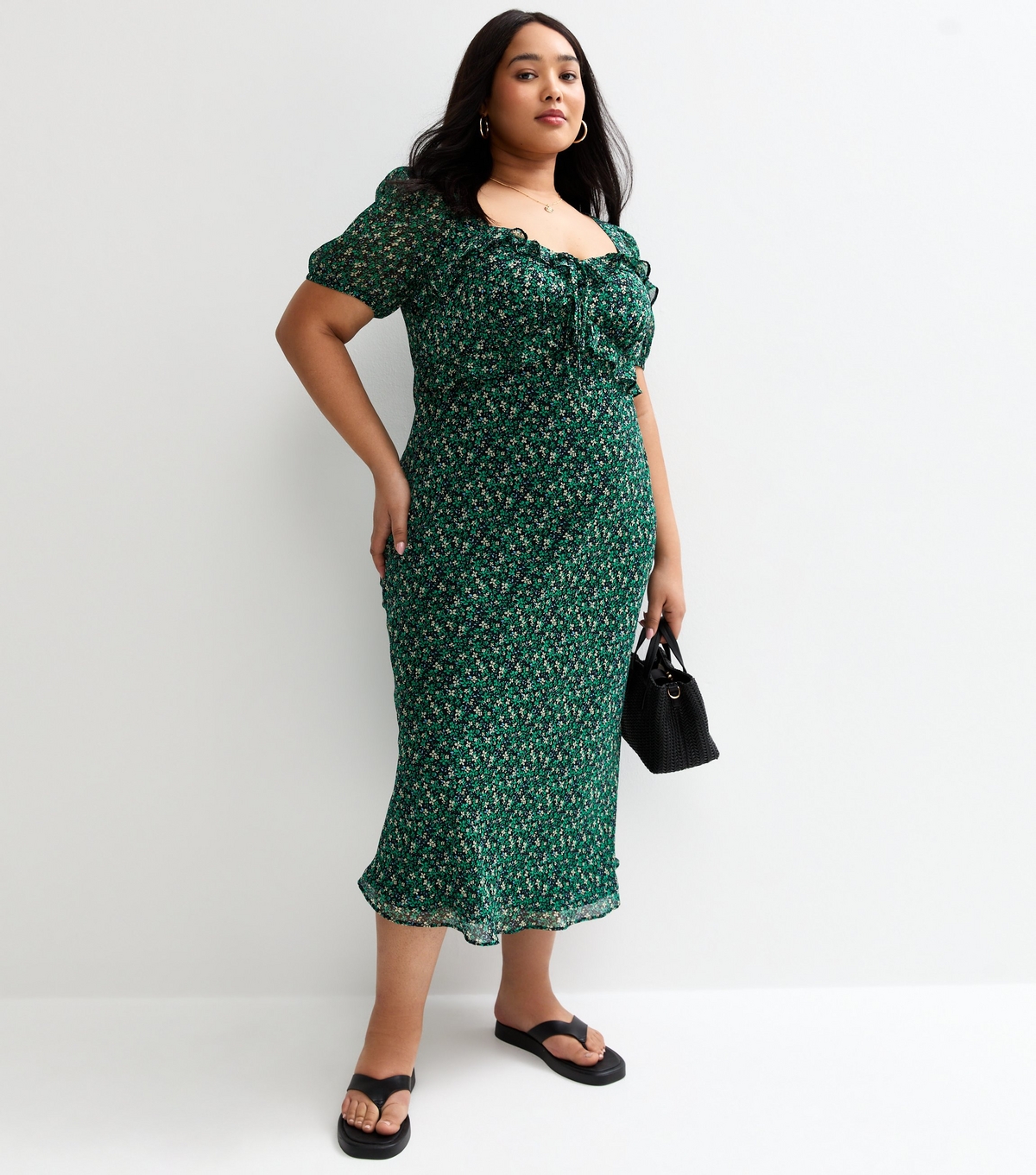 Women's Plus Size Green Floral Print Chiffon Midi Dress Curves New Look