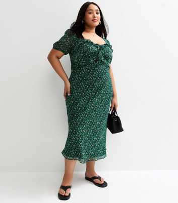 Curves Green Floral Print Chiffon Midi Dress