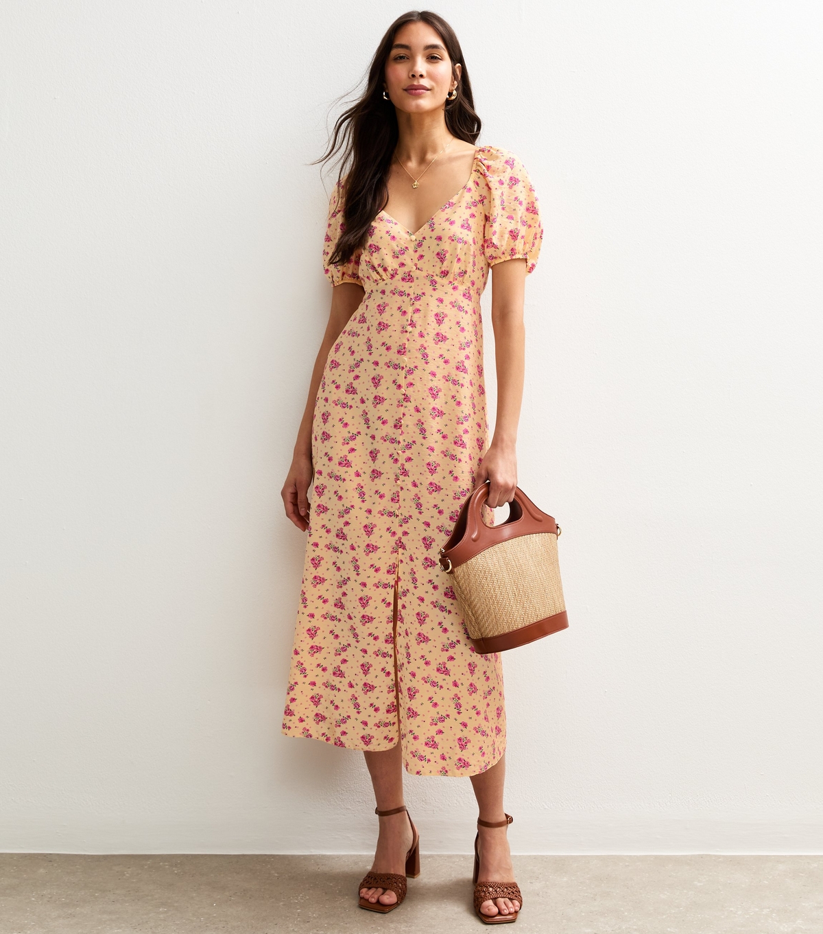 Women's Yellow Floral Print Puff Sleeve Midi Dress New Look